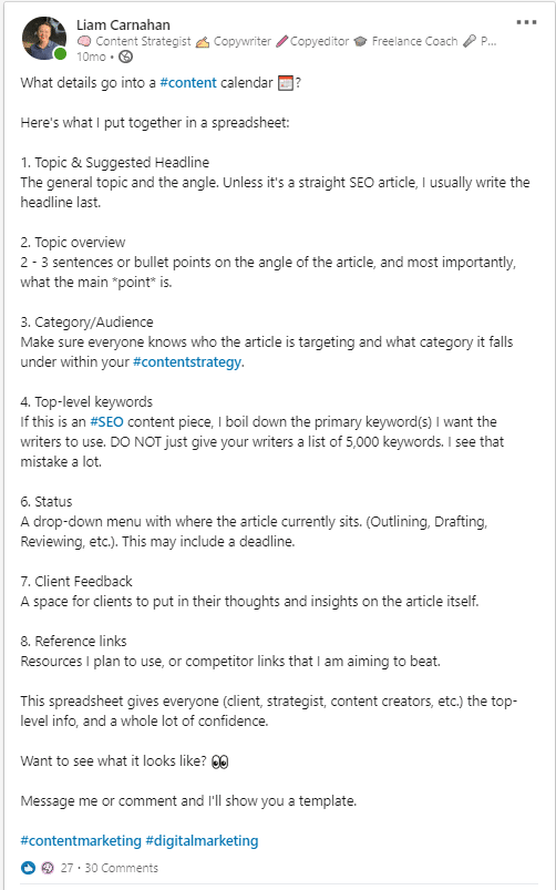 LinkedIn Post talking about content calendars