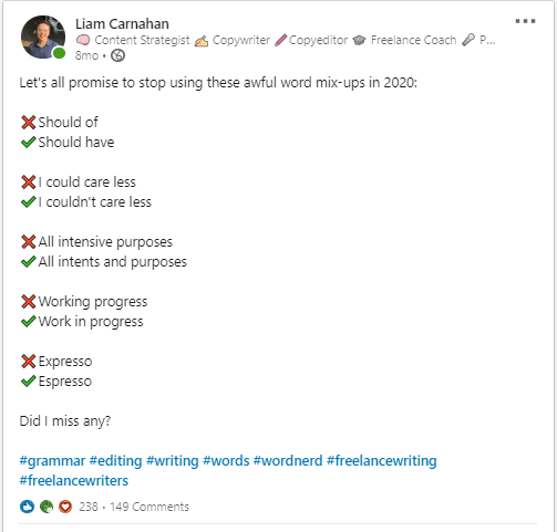 LinkedIn post talking about grammar mistakes