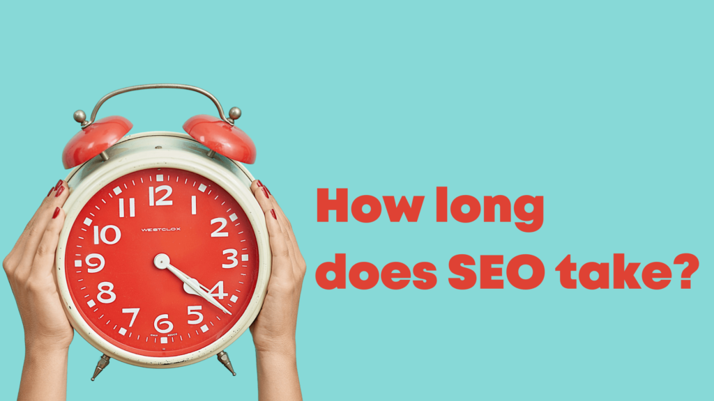 Woman holding white and red clock up with a sky blue background