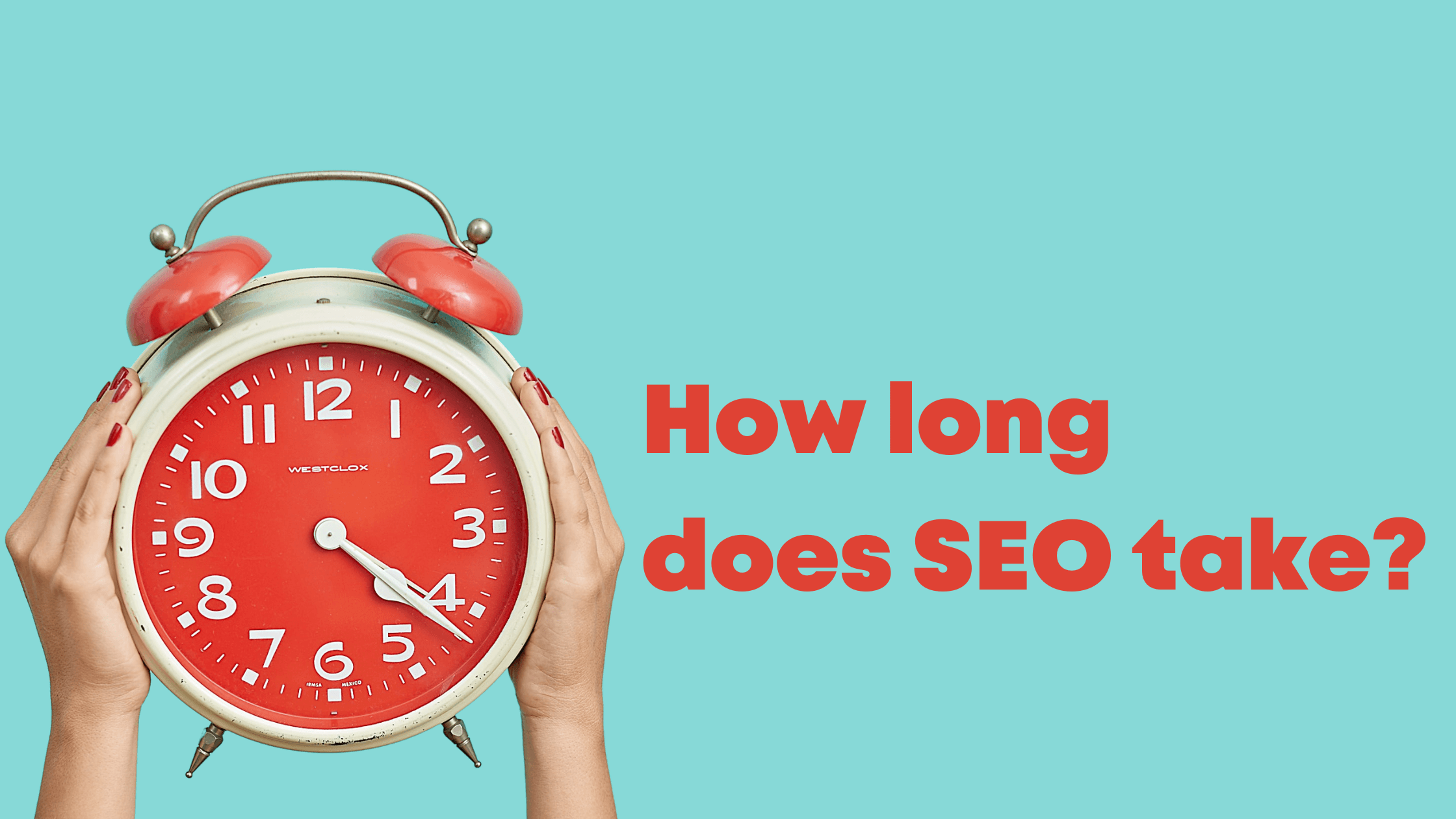 Woman holding white and red clock up with a sky blue background