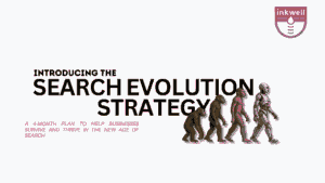 The blog cover image reads Introducing the Search Evolution Strategy a 4-month plan to help businesses sruvive and thrive in the new age of search. It shows the evolution of man leading from ape to robot and the Inkwell content logo.