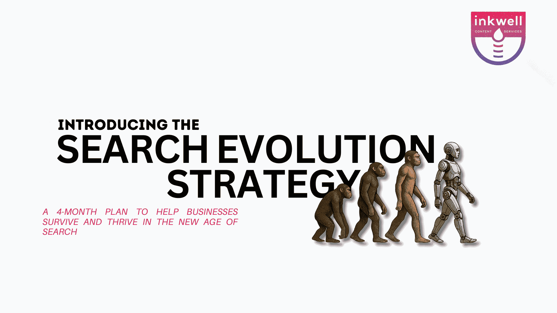 The blog cover image reads Introducing the Search Evolution Strategy a 4-month plan to help businesses sruvive and thrive in the new age of search. It shows the evolution of man leading from ape to robot and the Inkwell content logo.