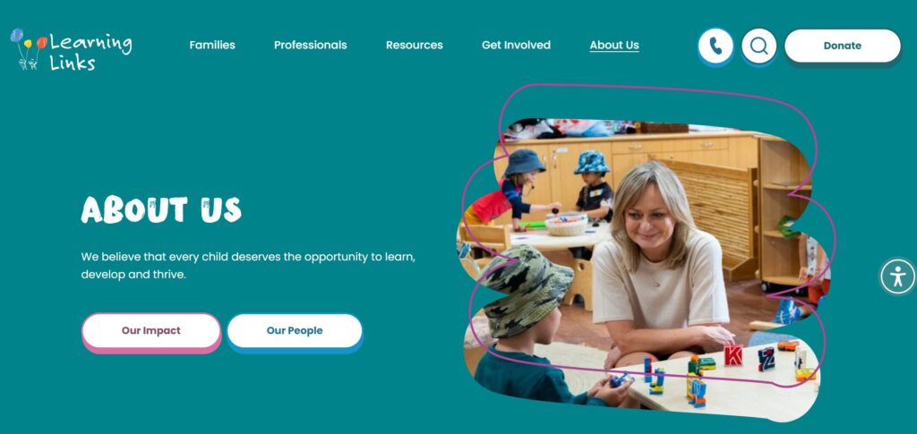 A screenshot of the Learning Links website shows its main menu, the words About Us, an image of a woman and a child at a table with blocks, and two buttons for Our Impact and Our People.